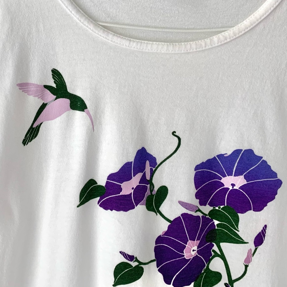 vintage single-stitch 90s cropped hummingbird & morning glory flowers Tshirt